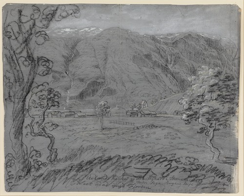 Urland Kirke og præstegård i Stemmedal, set mod fjorden