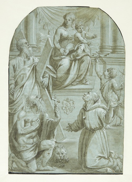 Maria med Jesusbarnet tronende, omgivet af apostlen Andreas, Johannes Døberen som barn, den hellige Jeronimus og den hellige Frans af Assisi