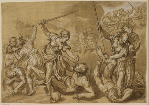 Retfærdigheden, Mercur og Minerva besejrer de onde magter, mens en gruppe gudinder ser til fra skyerne