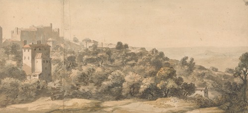 An Italian Landscape; village on a hill left, hillside sloping towards right, with distant valley beyond