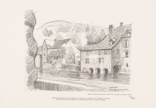 Reproductie van een tekening met het geboortehuis van Gustave Courbet