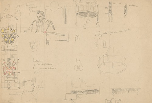 Studies van glas-in-lood en interieur voor het schilderij van de Nederlandse rechtbank in Londen, juni 1942