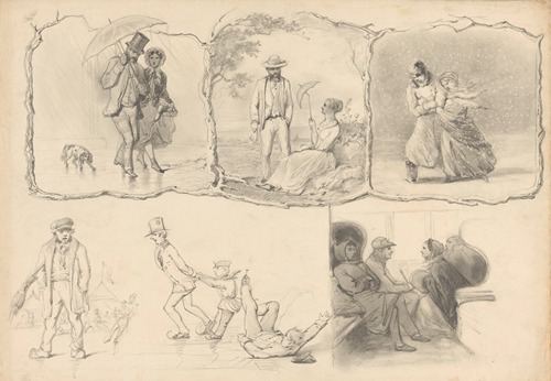 Schetsblad met diverse studies, onder andere van ijspret