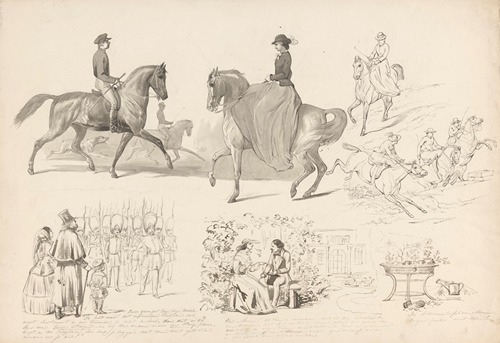Schetsblad met diverse studies, onder andere van paardensport