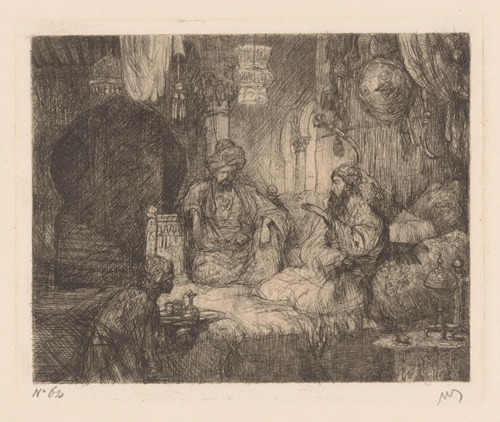 Ottomaans interieur met twee mannen en dienaar