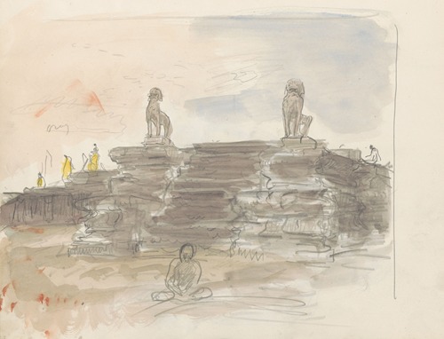 Trap geflankeerd door beelden van leeuwen bij de Angkor Wat tempel in Cambodja