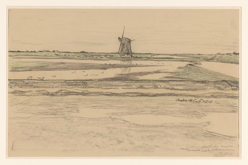 Landschap met poldermolen Het Noorden in polder Het Noorden op Texel