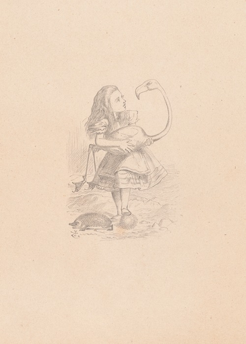 Drawing of Alice trying to play croquet with flamingo and hedgehog