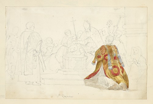 A man, St. Carmine, being baptized with several religious figures in attendance, amid a crowd of spectators