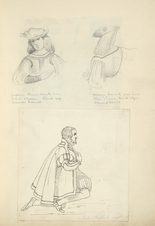 Front view of young man in hat; Back view of young man in hat; Man kneeling, in cape and breeches