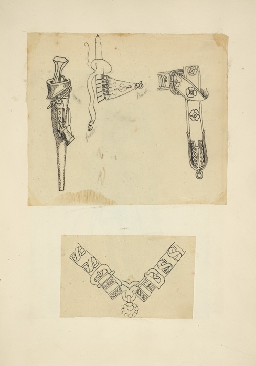 Knife in a sheath, belt with attachment and hook, belt buckle; Two buckles joined with ornamental hardware