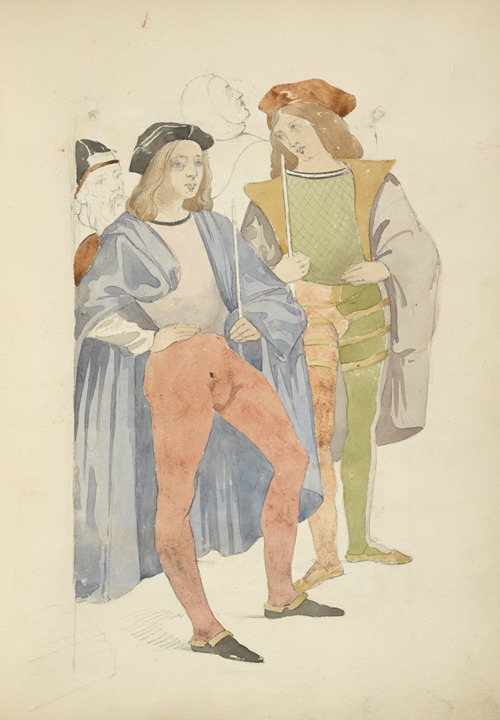 Two young men wearing hats, cloaks and tights carrying thin staffs or swords; two figures in background