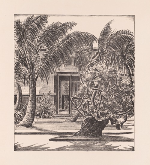 Palm and banyan trees before US military building during World War II