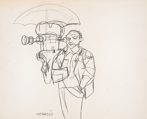 Television news cameraman with umbrella over the camera during the Pueblo hearings in Coronado, California