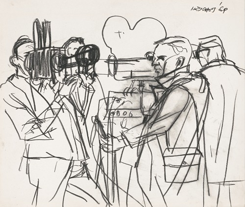 Sketches of television news camermen outdoors during the Pueblo Incident hearings in Coronado, California
