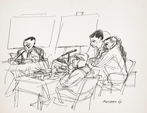 Captain Lloyd M. Bucher, emaciated after eleven months of imprisonment in North Korea, testifying at the court of naval inquiry into the capture of his ship, the USS Pueblo.
