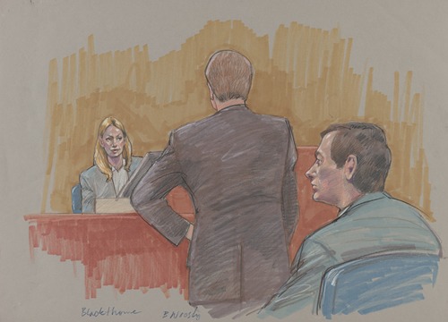 A woman on the stand in the trial of Allen Blackthorne, who was tried for conspiracy in the homicide of his ex-wife