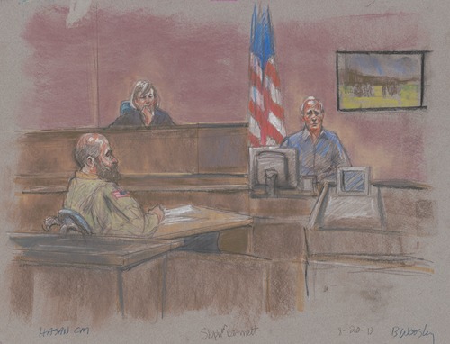 Defendant Nidal Malik Hasan during his court martial with witness Stephen Bennett and judge
