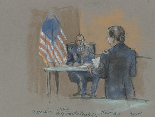 Prosecution lawyer giving the closing argument during the court martial of Bowe Bergdahl, Fort Sam Houston, San Antonio, Texas