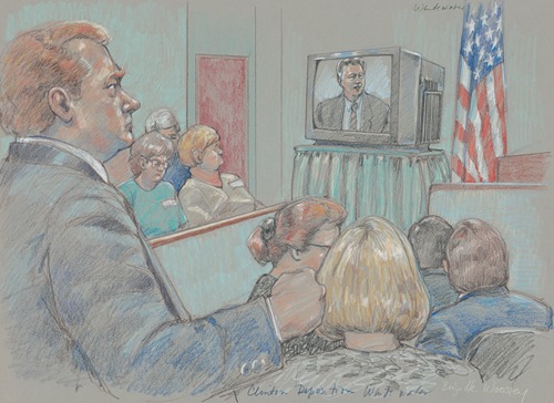 Jury and others watching videotaped deposition of Bill Clinton during fraud and conspiracy trial of James McDougal, which was part of the Whitewater Inquiry