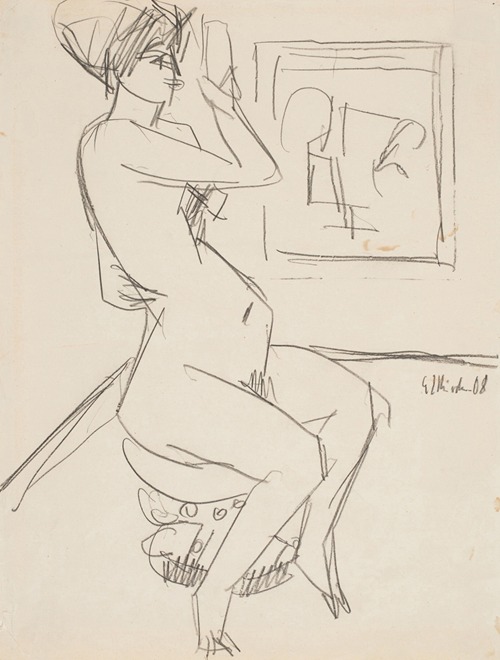 Sitzende auf dem Pantherstuhl (Toilette – Frau vor Spiegel)