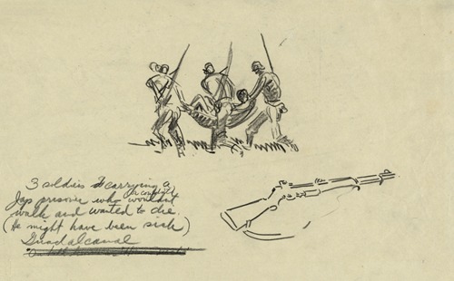 3 soldiers carrying a Jap[anese] prisoner who wouldn’t (or couldn’t) walk and wanted to die