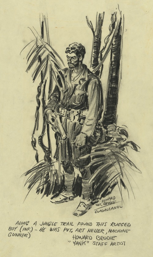 Along a jungle trail found this rugged boy (inf.) – he was Pvt. Art Neuer, machine gunnder