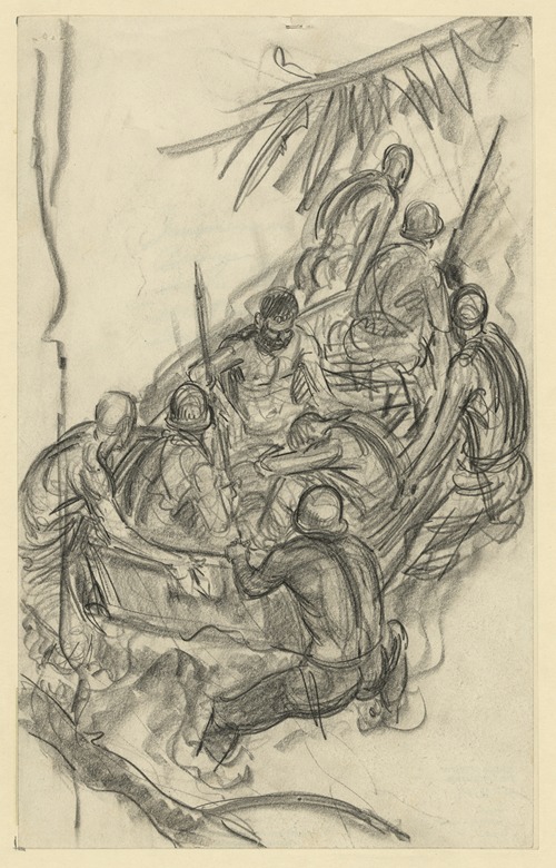 Impression bringing wounded down the Matanakau [e.g. Mataniko River] – Guadalcanal