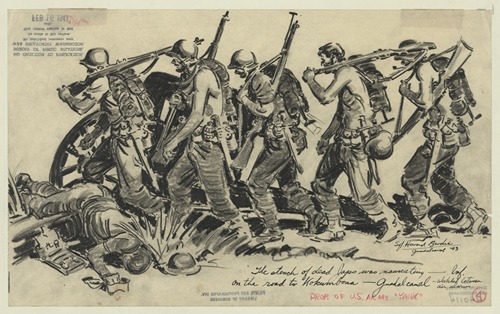 The stench of dead Japs[anese] was nauseating – Inf. on the road to Kokumbona – Guadalcanal – sketched between air alarms