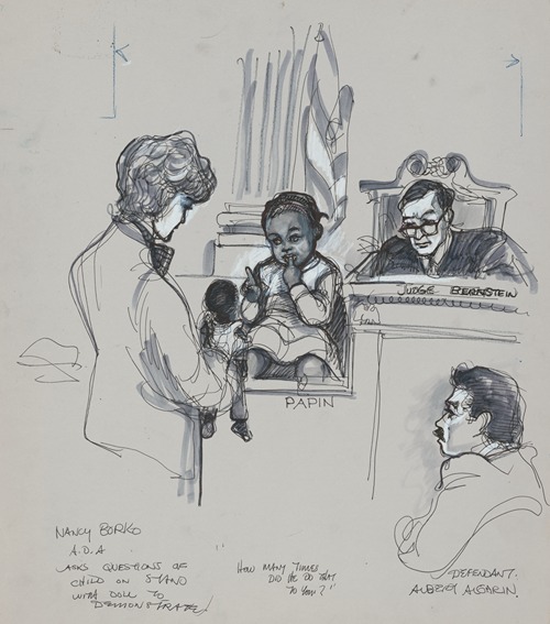 Nancy Borko A.D.A. asks questions of child on stand with doll to demonstrate “How many times did he do that to you?”
