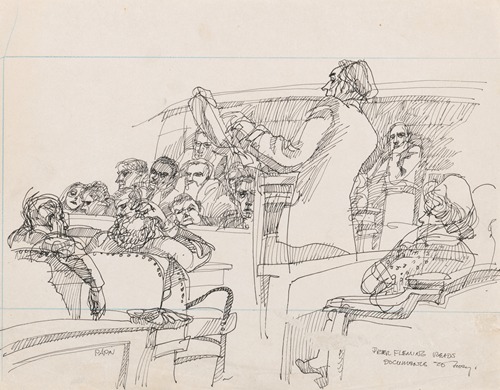 Peter E. Fleming, Jr., defense attorney for John Mitchell, standing before the jury, reading documents during the United States v. John Mitchell and Maurice Stans trial