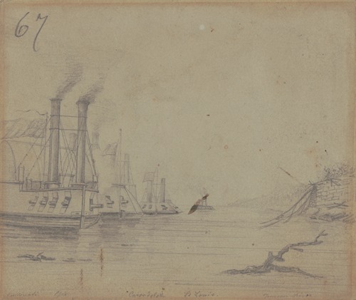 Gunboats on the Cumberland River, near Nashville [Tennessee], Carondolet in front