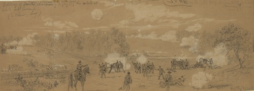Artillery of Smith’s division commanded by Capt. Ayres engaging the rebels at White Oak Swamp
