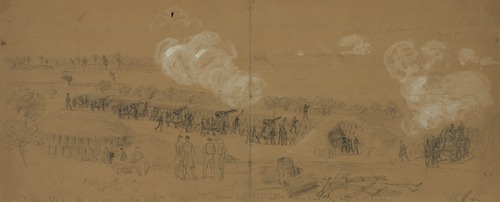 Battery No. 1.–100 and 200 pounder Parrots opposite Yorktown and Gloucester in front of Farenholts house