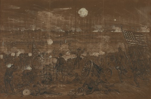 Battle of Gettysburg. Longstreet’s attack upon the left center of the Union lines. Blue Ridge in distance