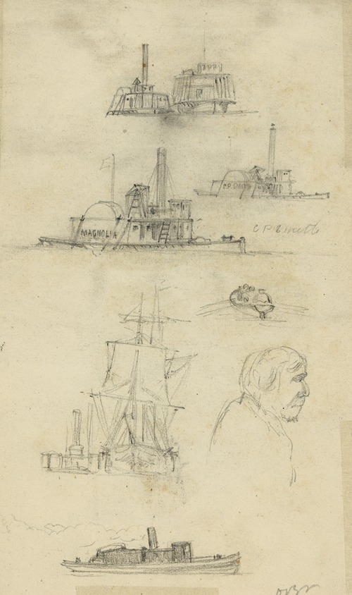 Broadside and bow views of eight ships and boats, and an unidentified profile bust portrait
