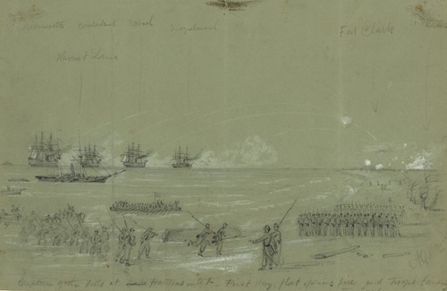 Capture of the Forts at Cape Hatteras inlet-First day, fleet opening fire and troops landing in the surf