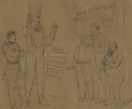 Cartoon showing Uncle Sam and General McClellan standing before a playbill
