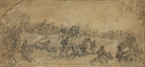 Charge of the 6th Michigan cavalry over the rebel earthworks nr. Falling Waters