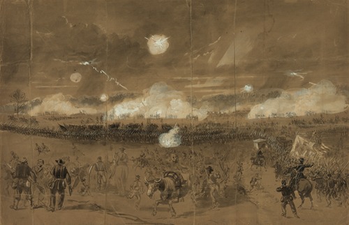 Couch’s Corps forming line of battle in the fields at Chancellorsville to cover the retreat of the Eleventh Corps disgracefully running away