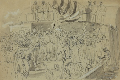 Exchanged (Union) Prisoners on board the liza Hancox (Colonel Mulford) Despatch boat–Cheering the Stars & Stripes