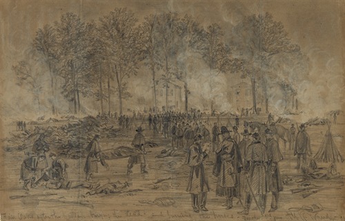 Fair Oaks after the battle, burying the dead–and burning the horses. Tuesday 3rd June