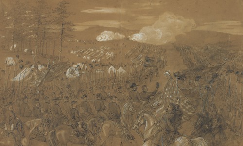 General McClellan accompanied by General Burnside taking leave of the Army of the Potomac