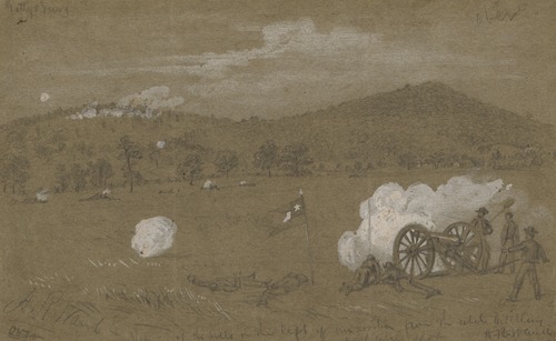 Gettysburg. View of the hills on the left of our position from the Rebel artillery, last Rebel shot