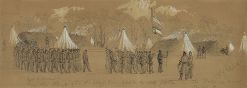 Guard Mount in the Camp of the 1st Mass. Vol. Opposite the rebel position on the Potomac near Budds Ferry