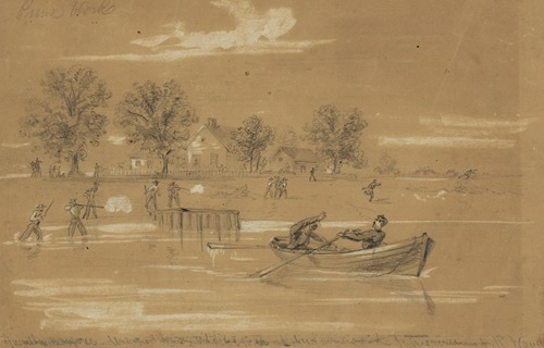 Guerilla warfare. Unarmed Union soldiers fired at by farmers on the James River