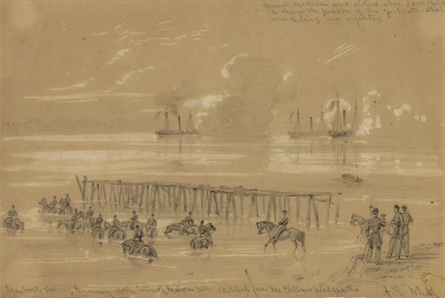 Gunboats shelling the enemy at the battle of Malvern hill sketched from McClellans headquarters