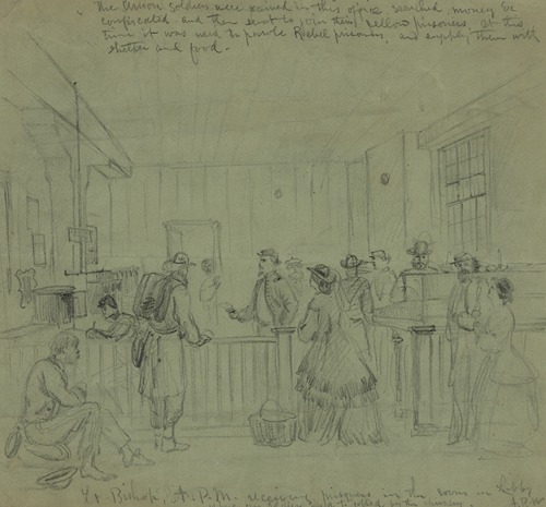 Lt. Bishop A.P.M. receiving prisoners in the room in Libby where our soldiers used to be robbed by the chivalry