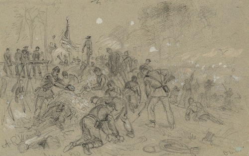 On Hancocks front– the soldiers having no picks and shovels used bayonets, tin pans, old canteens, and even their hands in throwing up breastworks