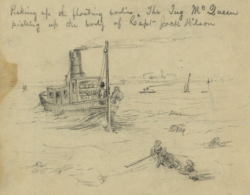 Picking up the floating bodies. The Tug McQueen picking up the body of Capt. Jack Wilson